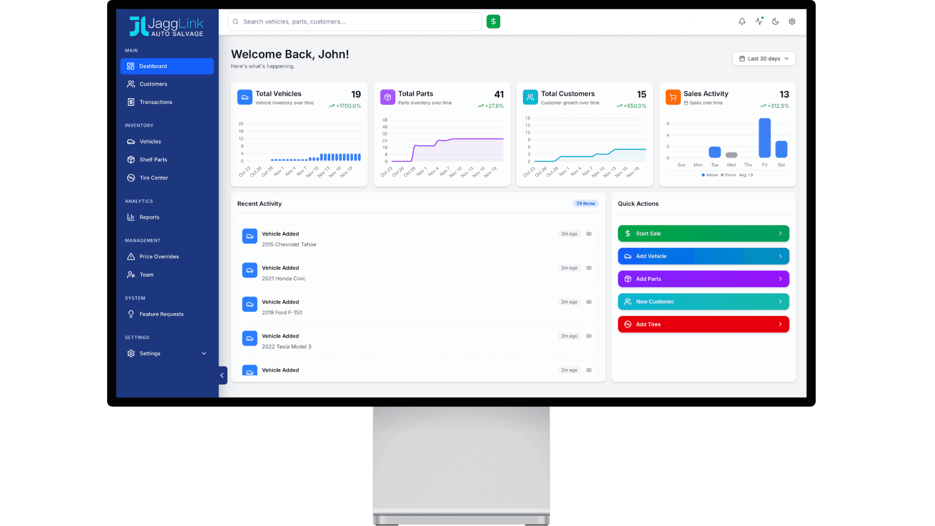 JaggLink salvage yard management dashboard showing vehicle inventory, VIN decoder, and parts tracking