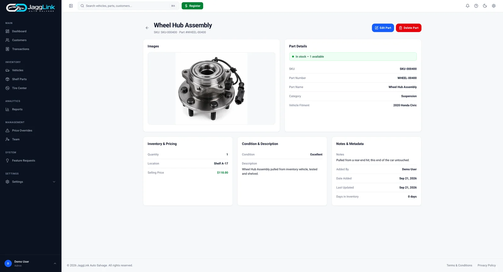 The JaggLink part record for a wheel hub assembly, showing SKU, shelf location, condition, and selling price