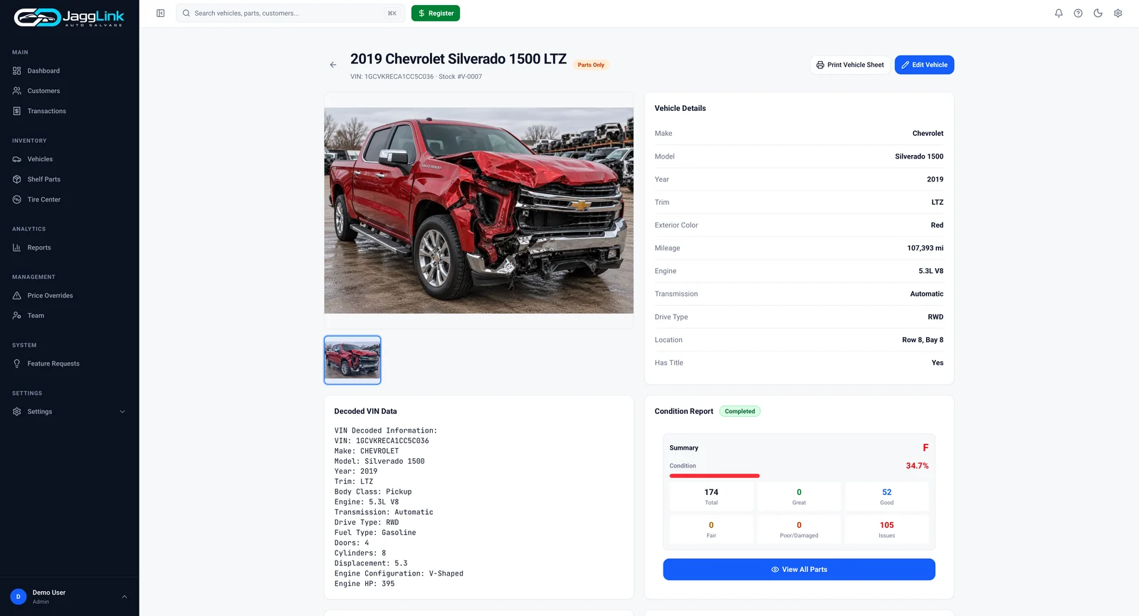 The JaggLink vehicle record for a 2019 Chevrolet Silverado 1500 LTZ, showing decoded VIN data, photos, and a condition report