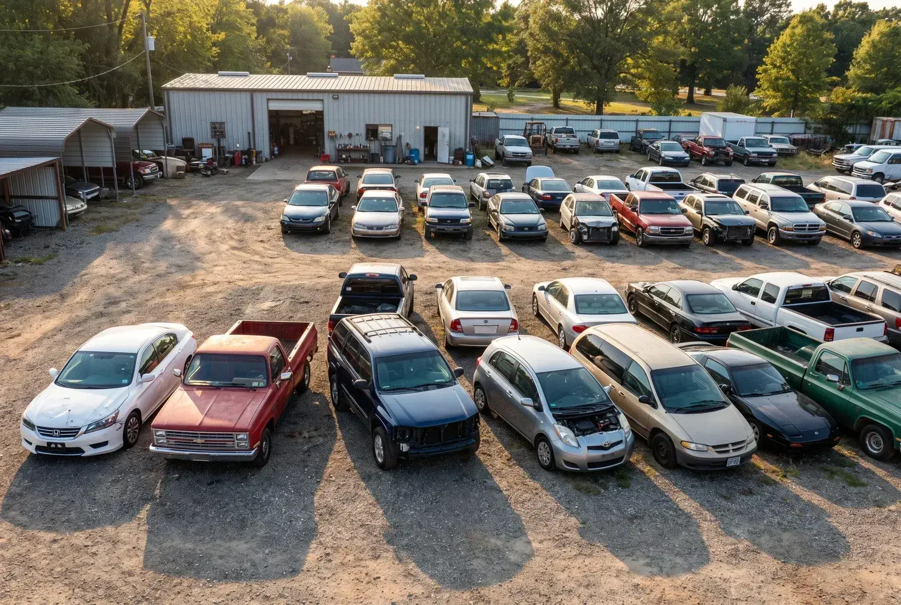 Rows of salvage vehicles in a working yard